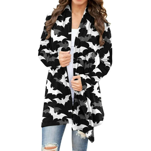 WXLWZYWL Halloween Cardigan for Women Plus Size Long Open Front Cardigans Halloween Pumpkin Pattern Cardigan Bat Cardigan
