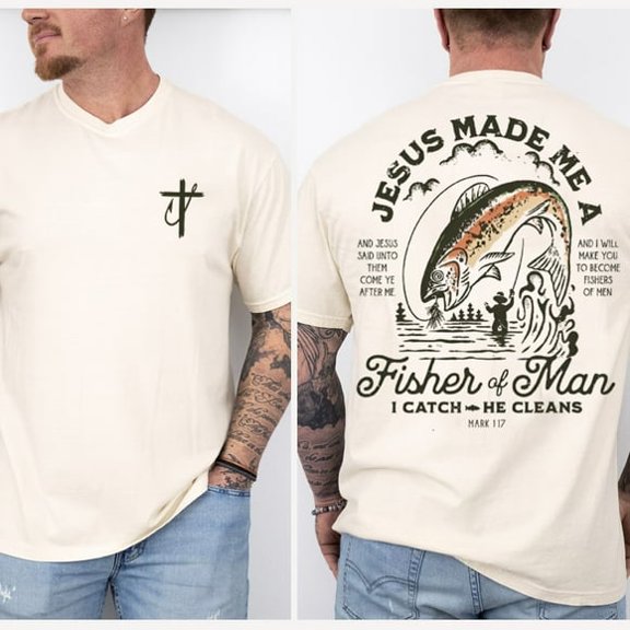 New Fisher of Men Christian T-Shirt | Jesus Made Me a Fisherman| Bible Verse Mark 1:17| Faith Fishing Shirt for Men, DTG Print, Unisex Shirt