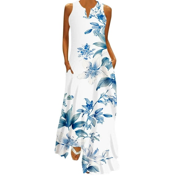 pimelu Dresses for Women Cocktail Dresses for Women Loose Pocket Beach Tank Long Sundresses Summer Fashion Floral Print Sleeveless V-Neck Girls Maxi Sundress