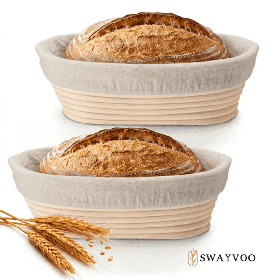 Swayvoo Banneton Bread Proofing Basket Set of 2, 10-Inch Oval Rattan Baskets with Liners, Sourdough Baking Supplies