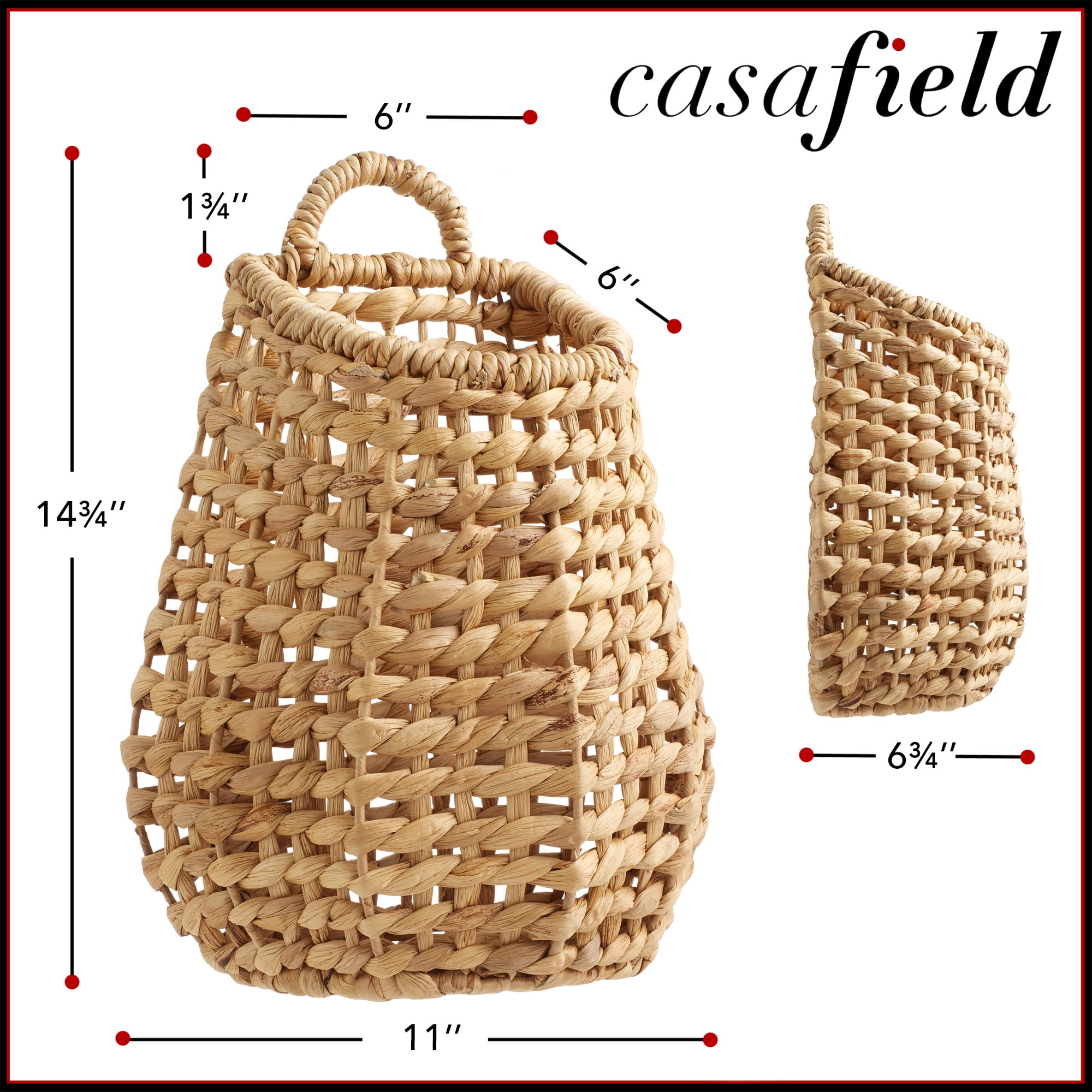 Casafield Open Weave Wall Hanging Basket for Plants and Flowers, Natural Water Hyacinth Boho Planter Accent for Front Door and Entryway