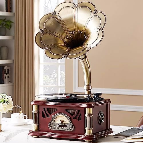 HZLSBL Gramófono vintage con salida Bluetooth Tocadiscos vintage Tocadiscos de gramófono retro para discos de vinilo de 7" 9" 12" 3 velocidades, Hi-Fi, hecho a mano por Pure Oak (nogal)