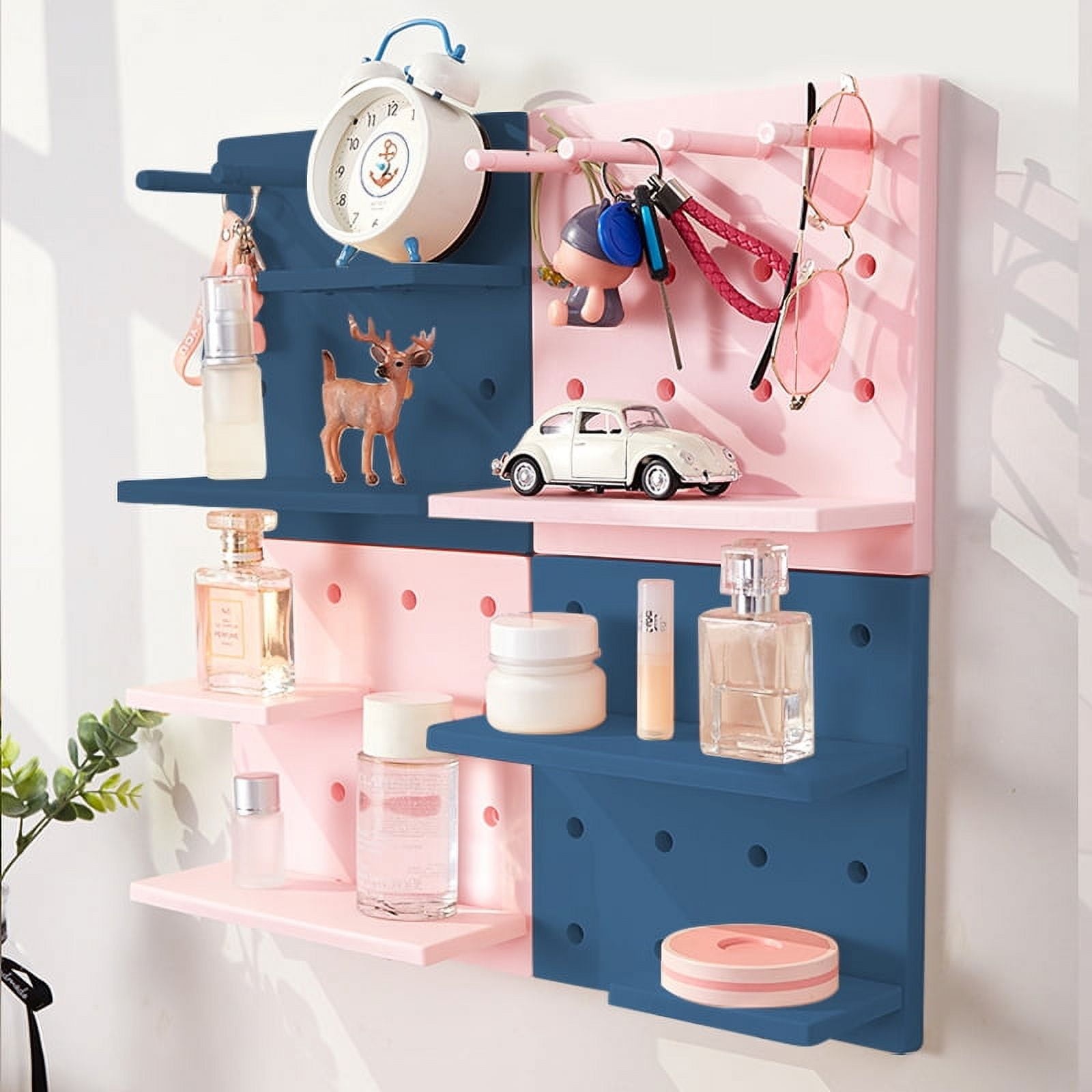 Zhuge Plastic Pegboard Set of 4 - Decorative Wall Mounted Plastic Floating Shelves, Pegboard Wall Shelves Organizer, Entryway Organizer with Key Hooks for Bedrooms, Bathrooms and Kitchens (White)