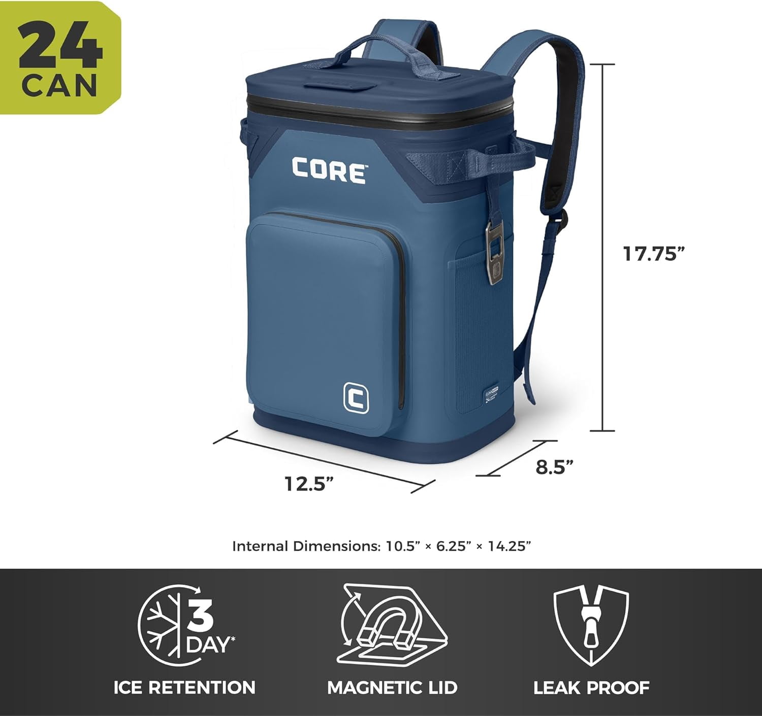 CORE 24 Can Climakeep Magnetic Soft Cooler, Leakproof Cooler, Waterproof Zipper, Navy