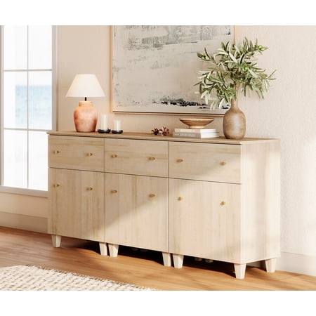 WAMPAT 3-in-1 Wood Dresser with 3 Drawers and 3 Cabinets for Bedroom Modern Chest of Drawers 71 Wide Light Oak Wood Finish