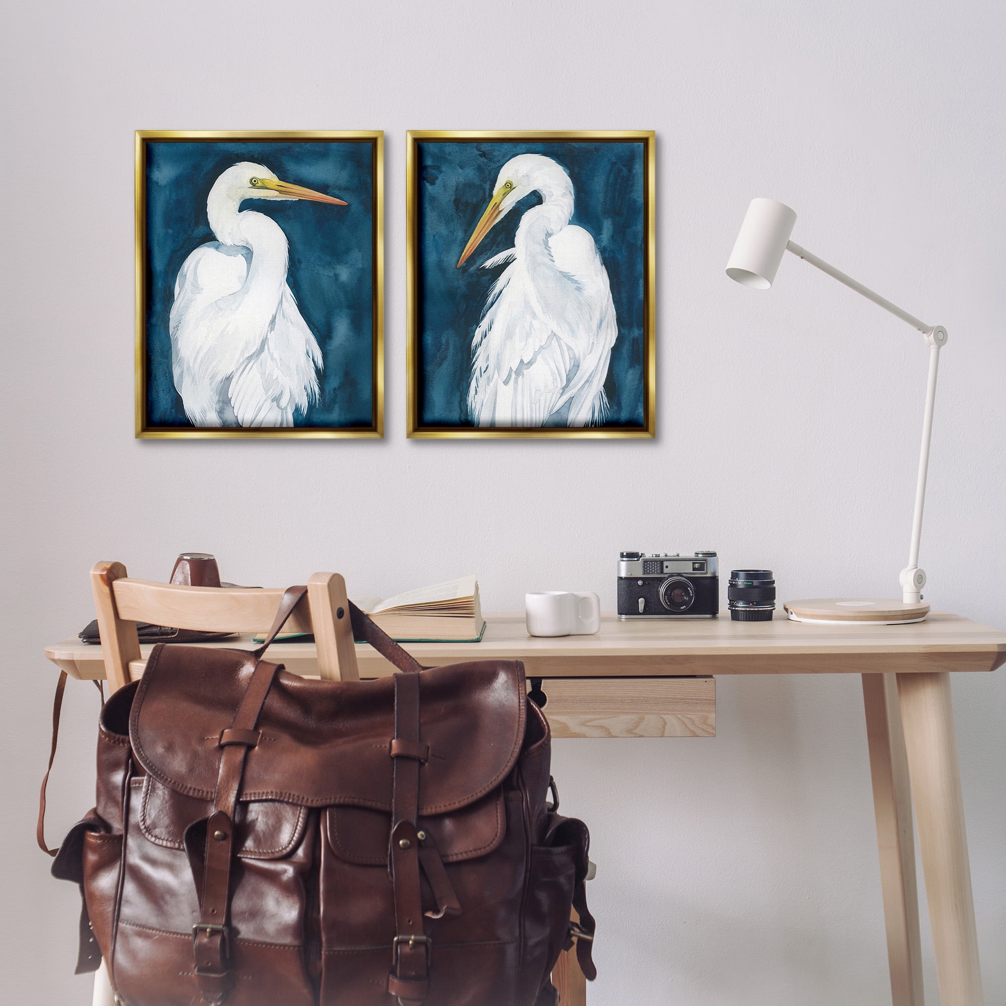 Stupell Industries Elegant Egrets on Blue Animals & Insects Painting Gold Floater Framed Canvas Art Print Wall Art, 17 x 21, Set of 2