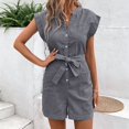 thumbnail image 3 of Morttic Women's Striped Romper with Flutter Sleeves – V-Neck Button Front Belted Waist with Pockets Casual Summer Daily Navy Blue，M, 3 of 6