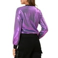 thumbnail image 4 of MODA NOVA Juniors Halloween Costume Casual Stand Collar Metallic Zip Crop Length Bomber Jacket Purple-1 S, 4 of 7