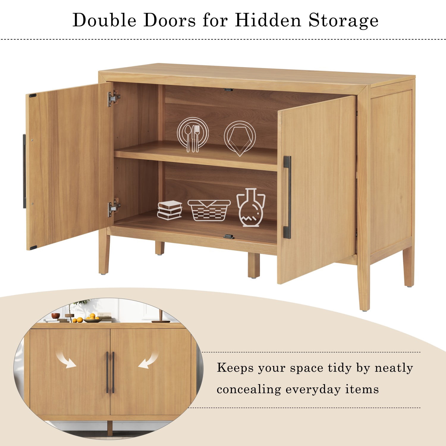 47.25" Farmhouse Sideboard Buffet Cabinet with Storage, 2 Door Wooden Coffee Bar Cabinet with Pine Veneer and Metal Handles for Kitchen, Living Room, Entryway, Natural