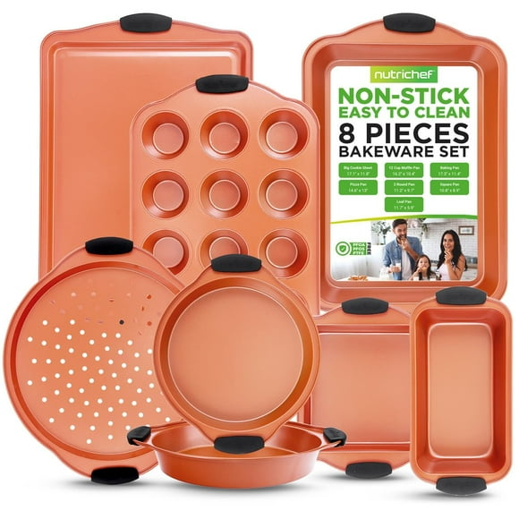 NutriChef, Bakeware Set, Baking Pans, Cookie Sheets, Includes: Cookie Sheet, Roasting Pan, Loaf Pan, Pizza Pan, Muffin Pan, Square Pan, Cake Pan(2), Nonstick, Kitchen Oven Trays, Copper