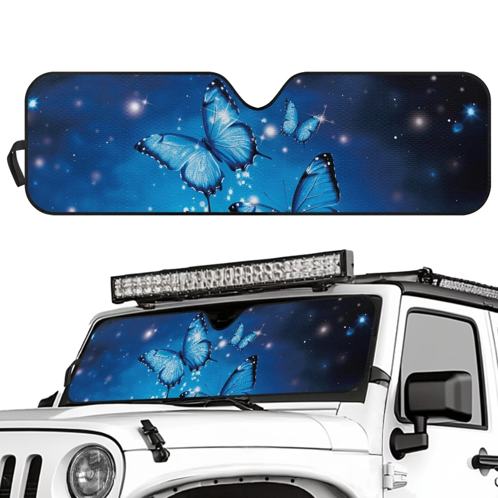 HUIACONG Blue Butterfly Sunshade Windshield Car Sun Shade Heat Shield Sunshade Sun Visor Mat for 1997-2017 Jeep Wrangler Rubicon Sahara TJ JK JKU 2/4 Doors