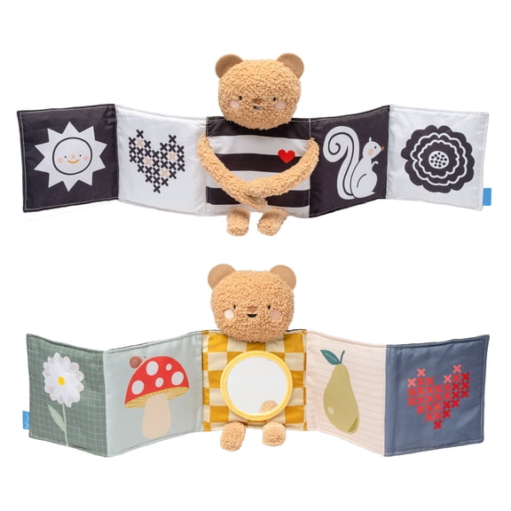 Taf Toys Black & White Sensory Newborn Book, High Contrast Side for Infant Brain Development, Vibrant Colors & Baby Mirror, Plush Bear for Tummy Time Books 0-6 Months - Baby Gifts for Boys Girls