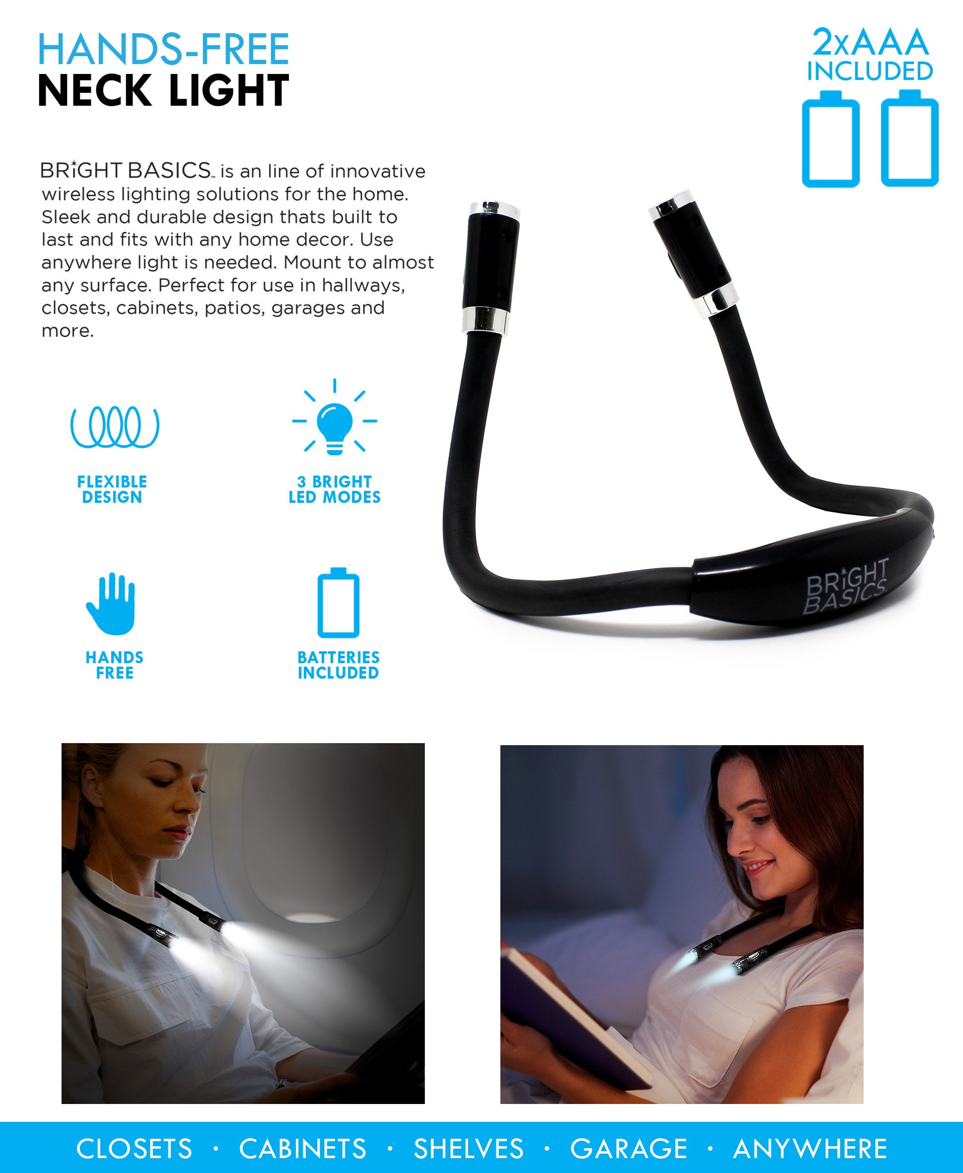 Bright Basics Hands Free LED Flexible Neck Reading Light Adjustable Book  Light for Reading in Bed 