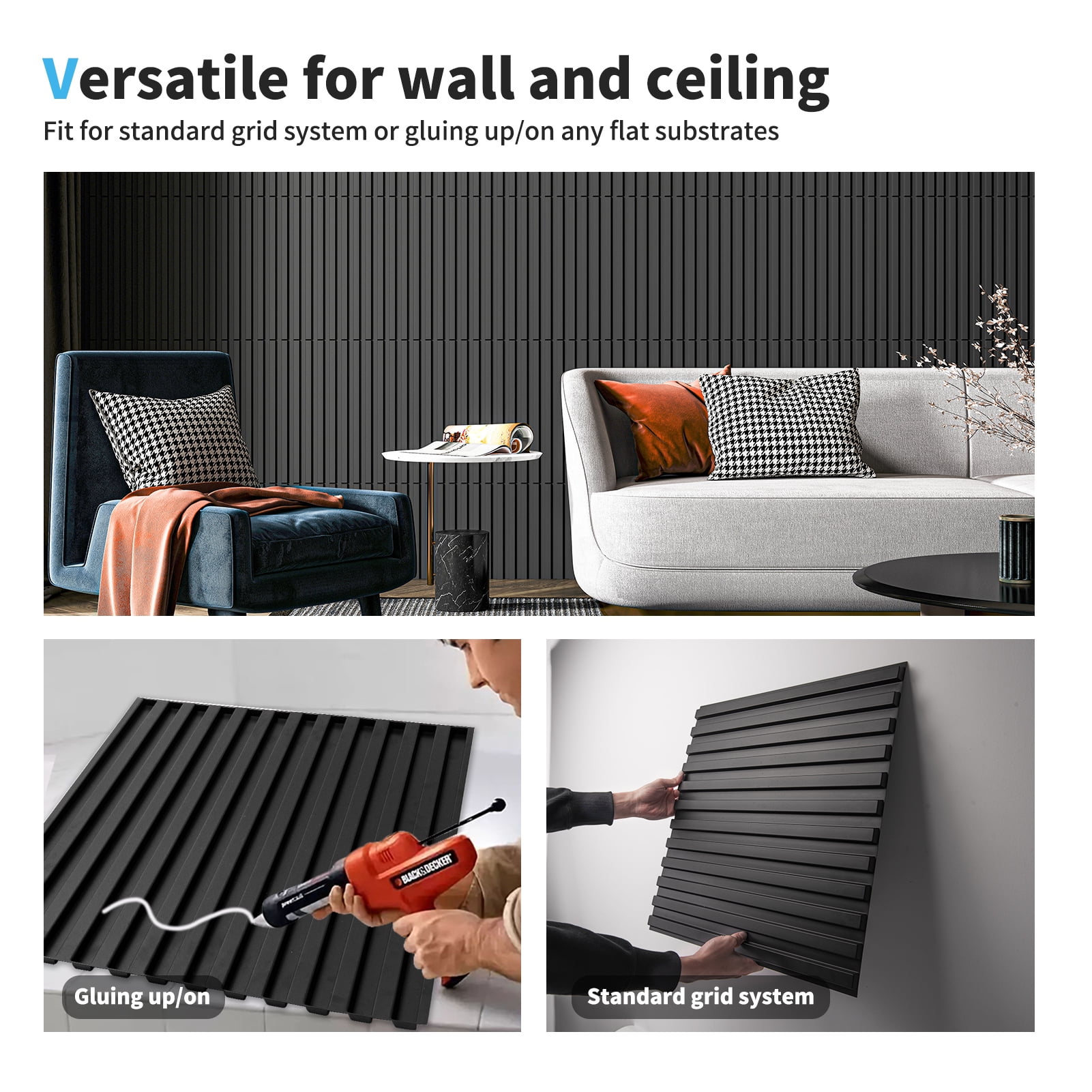 Art3d 19.7"x19.7" Black PVC 3D Slat Wall Panels, 12 Pieces Pack