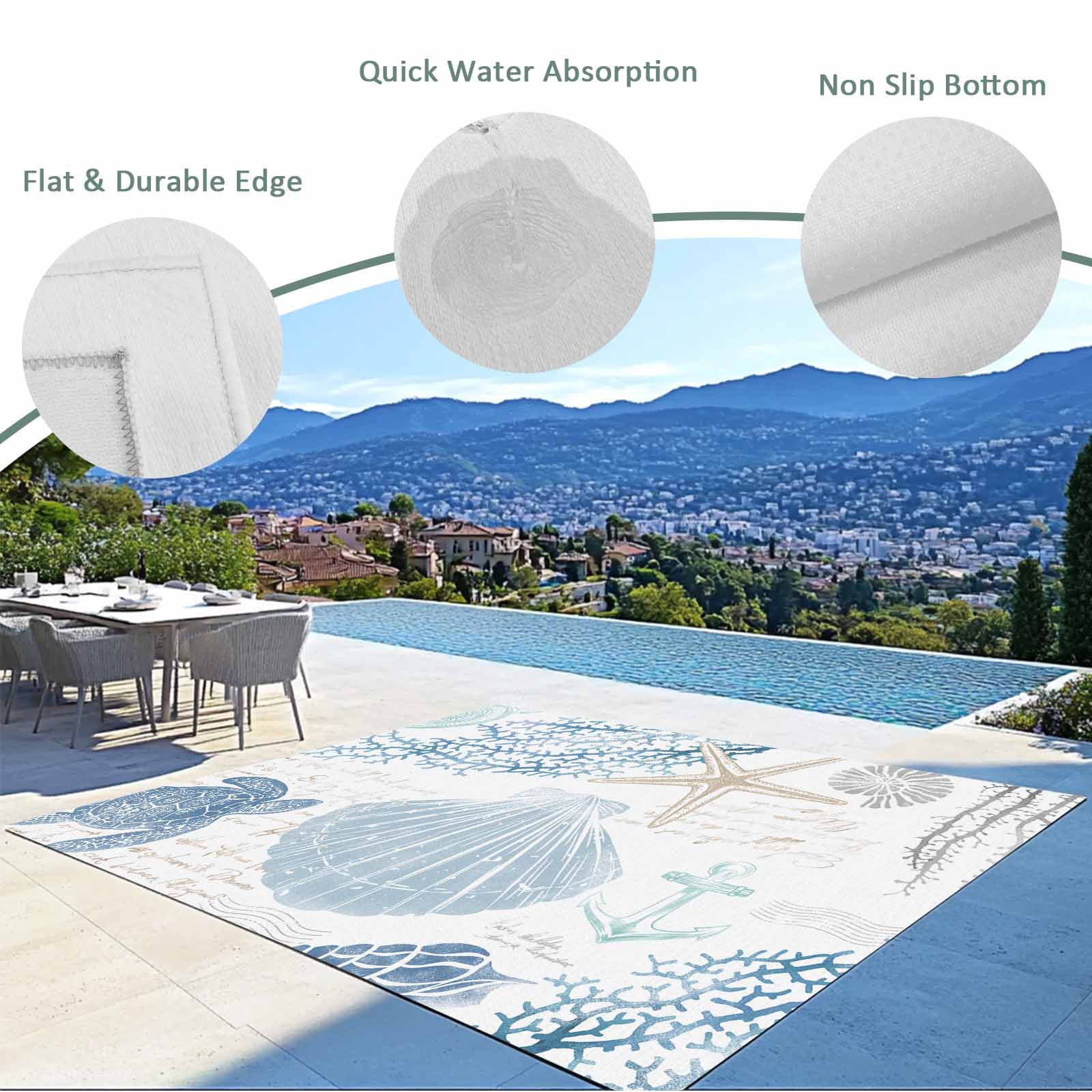Outdoor Rug 6x9 ft Blue Coastal Ocean Beach Themed Waterproof Outdoor Patio Rug Mat Non Slip Outside Area Rugs Carpet for RV,Camping,Porch,Deck,Pool,Balconybackyard,Sea Turtle Starfish Shell