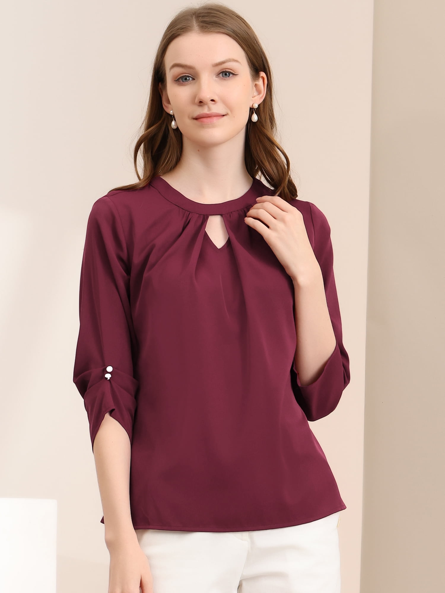 DARING DIVA Round Neck Keyhole Pleated Shirred Work Top M Wine Red