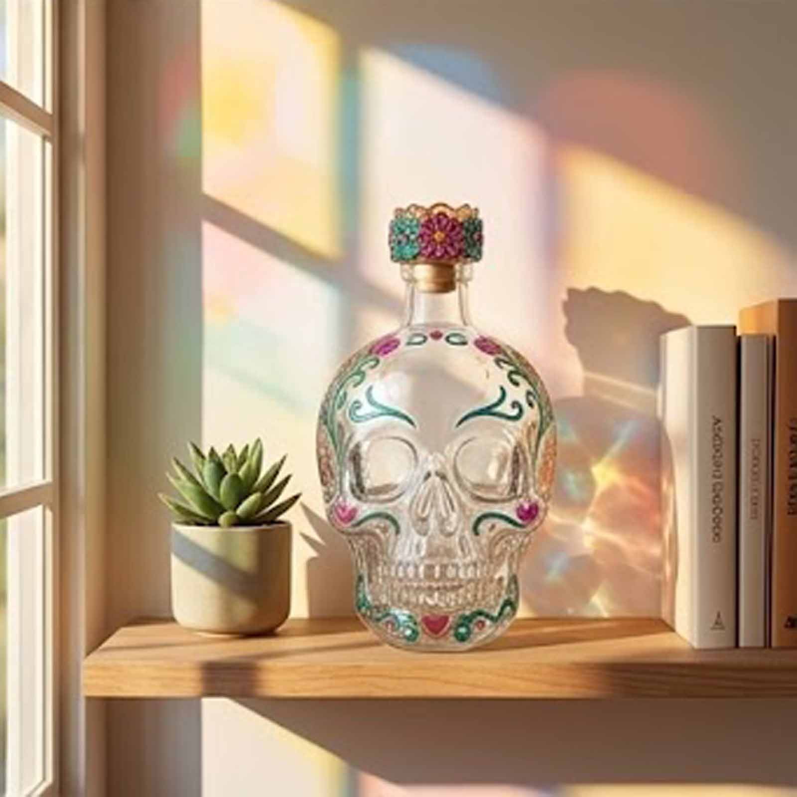 Day Of The Dead Tequila Bottle, Painted Glass Skull Decanter – Gothic Skull Tequila Decanter For Bar, Halloween, Dia De Los Muertos, Perfect For Collectors & Tequila Lovers