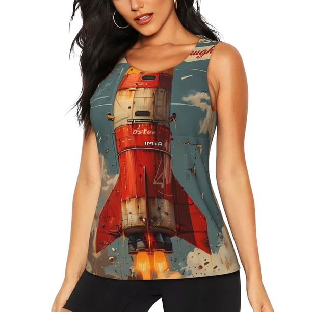 Balery Rusty Rocket Launch Camiseta sin mangas estampada ligera para mujer, tops de entrenamiento sin mangas, camisetas de yoga transpirables de secado rápido.-X-Large