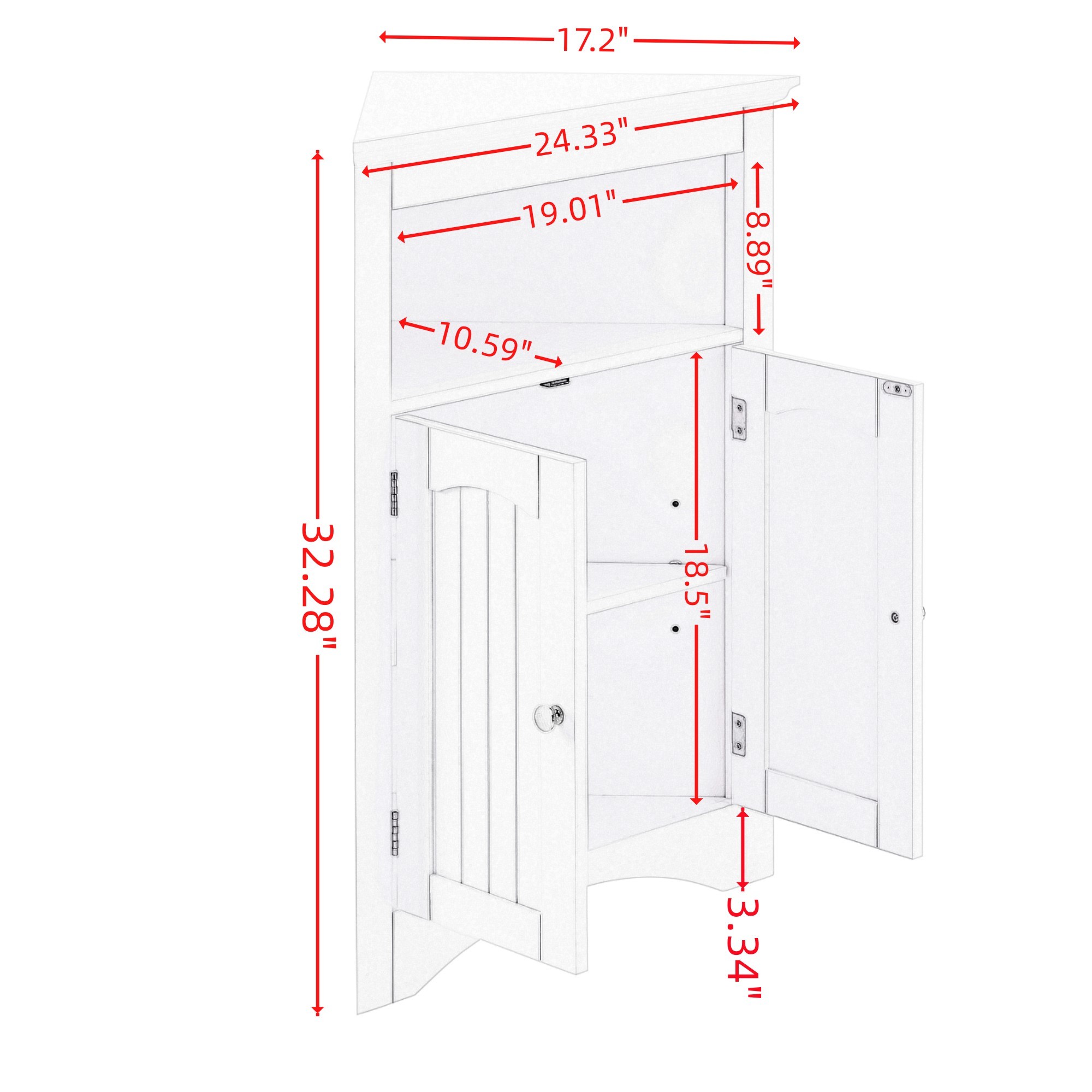 Floor Corner Cabinet with Doors and Shelves,Triangle Bathroom Storage Cabinet,Free Standing Storage Cabinet for Bathroom,Living Room,White