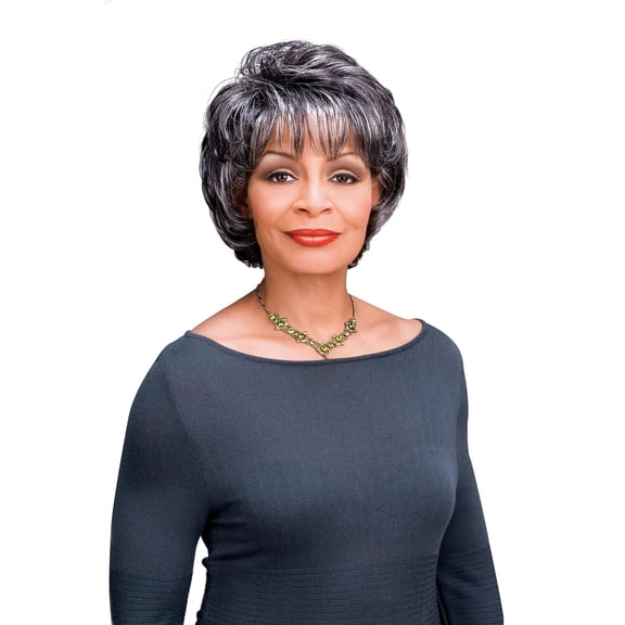 Goldie Wig Color 1 Black - Foxy Silver Wigs Short Straight Shag Synthetic Full Fringe African American Womens Machine Wefted Lightweight Average Cap Bundle with MaxWigs Hairloss Booklet