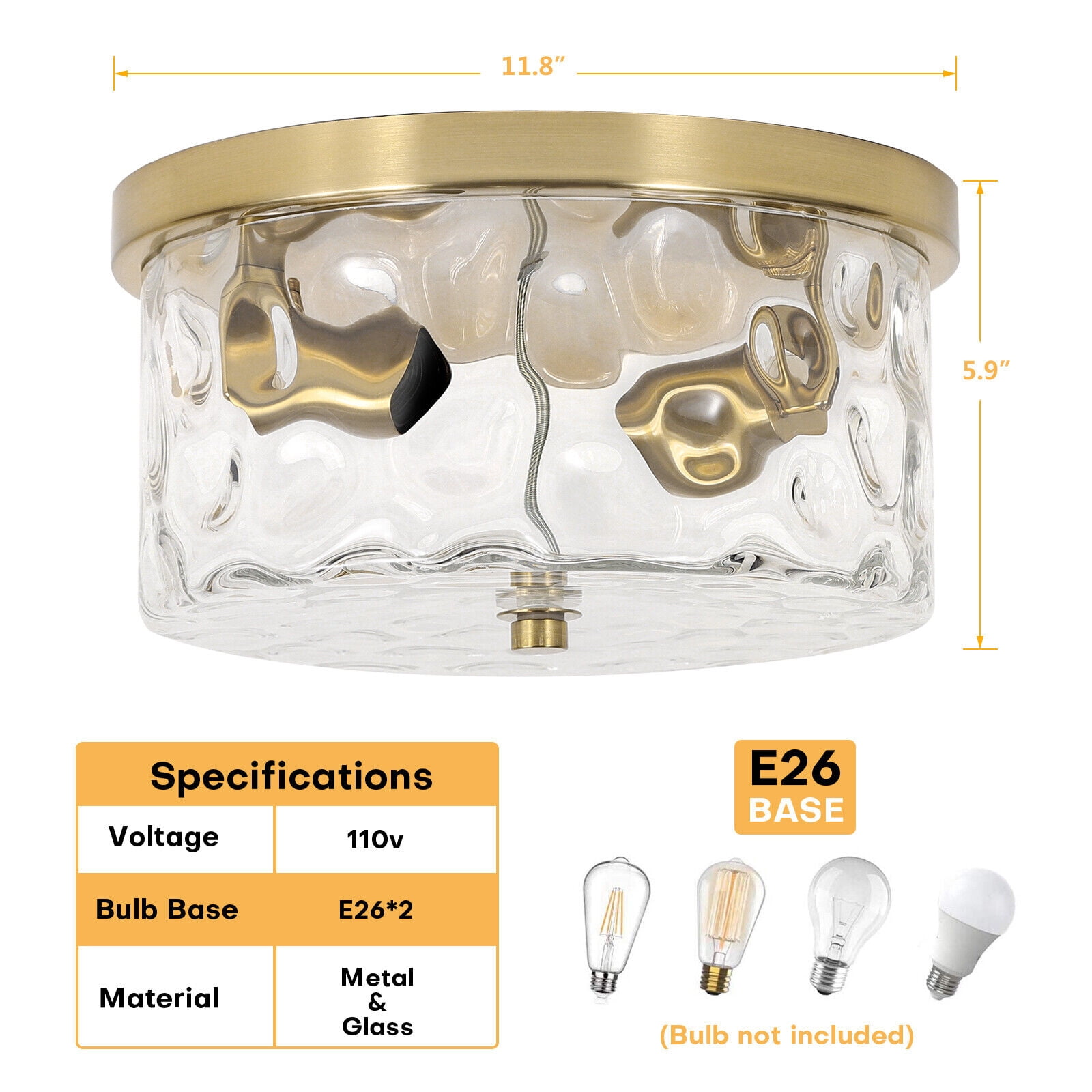Gold Vintage Ceiling Light Fixture Semi Flush Mount with Bubble Glass Shade 2-Light Farmhouse Ceiling Light Ceiling Lamp for Living Room Bedroom Foyer Hallway 11.8"