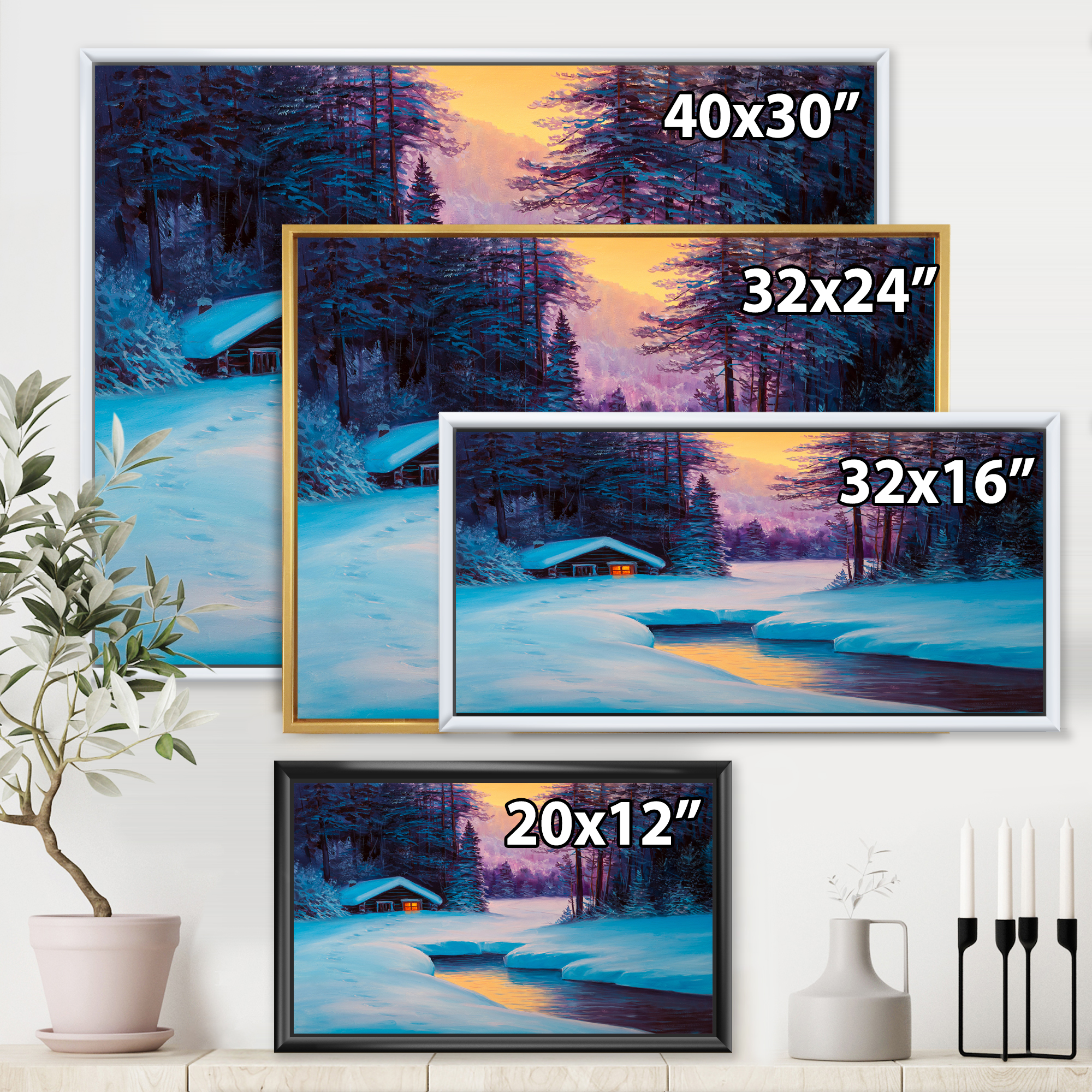 Designart 'Old Cabin In Winter Forest In Evening Glow II' Traditional Framed Canvas Wall Art Print