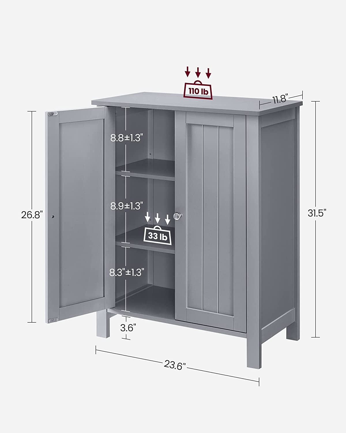 Floor Storage Cabinet, Storage Unit with 2 Adjustable Shelves,  Cabinet Freestanding, Dove Gray