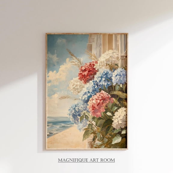 Patriotic Floral Poster Wall Art Vintage Hydrangea Posters, Americana Rustic Decor Summer Cottagecore Red White Blue Flower Art S854, Size 8x12 UNFFRAMED F03.1.7l2396