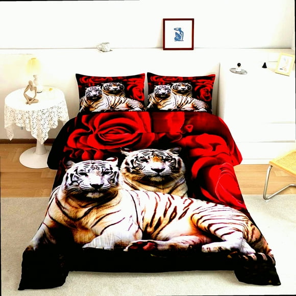 Wildlife Safari Rose Tiger Bedding Set - Animal Comforter & Quilt - Boho Floral Duvet Insert - Woodland Decor - African Theme Jungle Collection