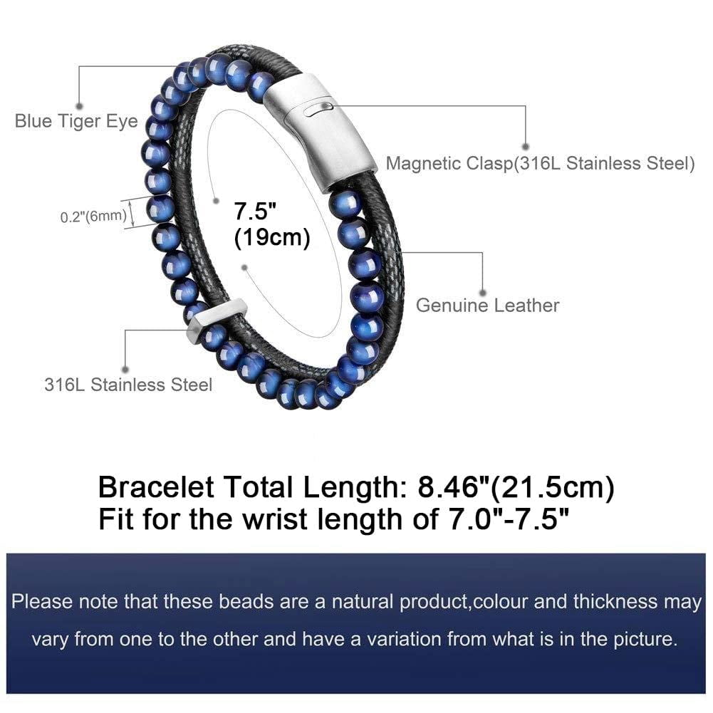 murtoo Mens Leather Bracelet, Natural Bead, Steel and Leather Bracelet for Men Women Father's Day Valentine's Day Christmas Gift