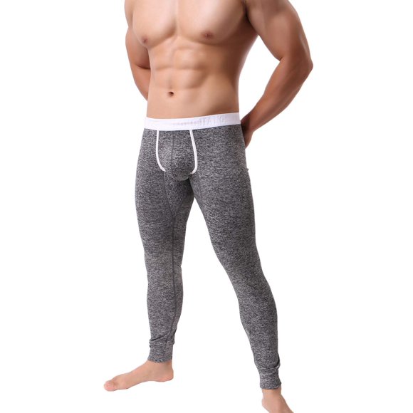 KAMUON Caleçon Long pour Hommes à Taille Basse avec Pochette, sous-Vêtements, Bas Thermiques, Leggings (US L = Asian Tag TG : Waist 34 Pouces-36 Pouces, Black #2)