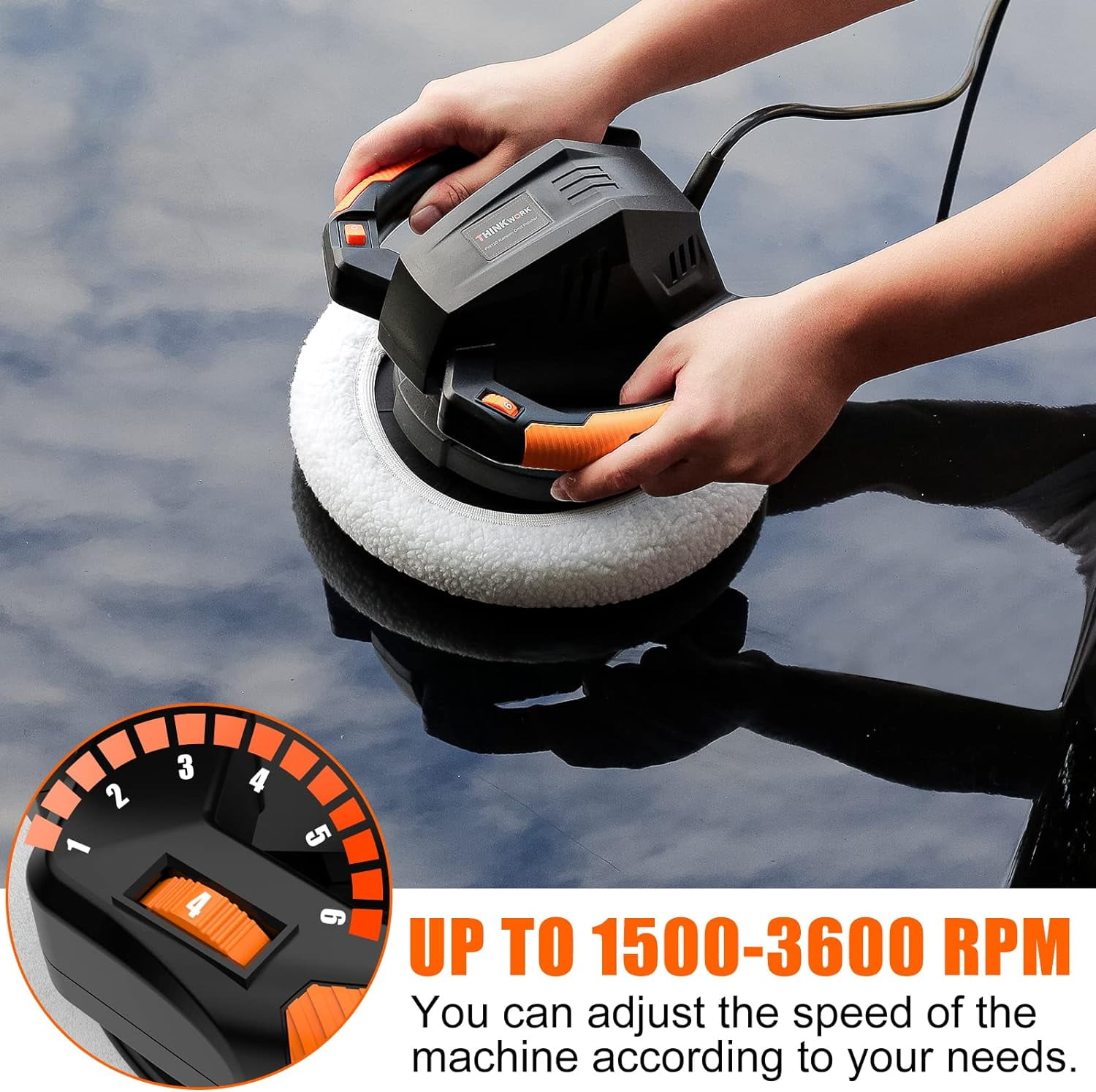 THINKWORK 10-Inch Buffer Polisher Set with 4 Buffing and Polishing Bonnets, 6 Variable Speed 1500-3600 RPM, Double Handle - Ideal for Car Waxing