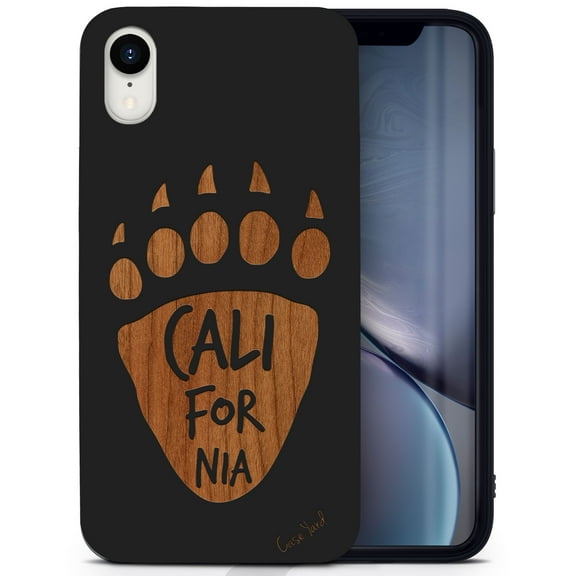 Wood phone case for iPhone XR compatible protective cell phone cover shockproof slim fit laser engraved Cali Paw design Black wood case for Men & Women by CaseYard