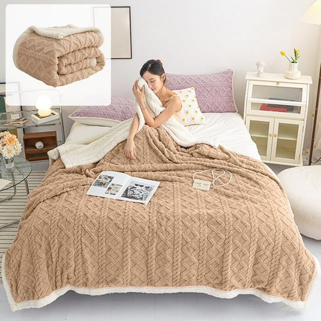 Fleece Blanket, Double-Layer Soft Lambswool Office Nap Blanket, Taffeta Fleece Thickened Warm Throw Machine Washable Fade-Resistant, Khaki