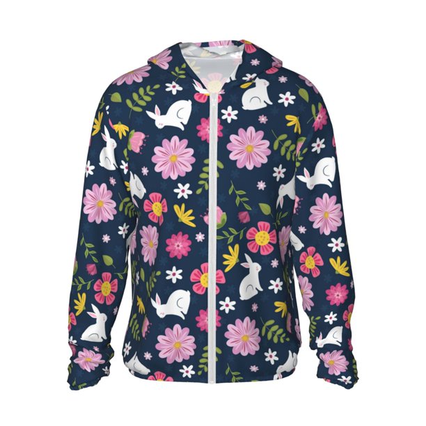 Fotbe Floral Rabbit Chaqueta con Protección Solar UPF 50+ para Hombre y Mujer, Camisa con Capucha y Bolsillos-Medium