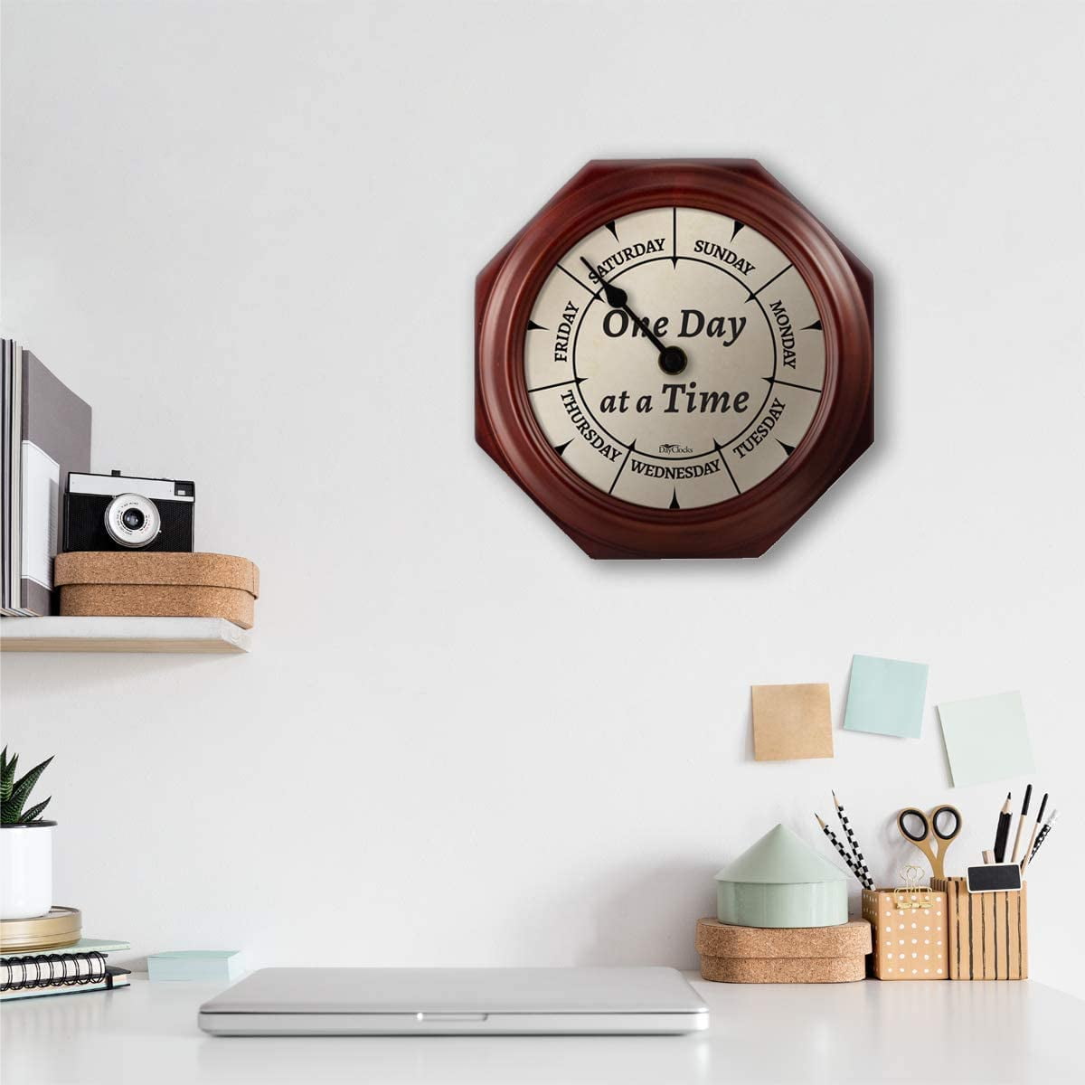 DayClocks "One Day at a Time" Day-of-the-Week Wall Clock with 10" Mahogany Wood Frame