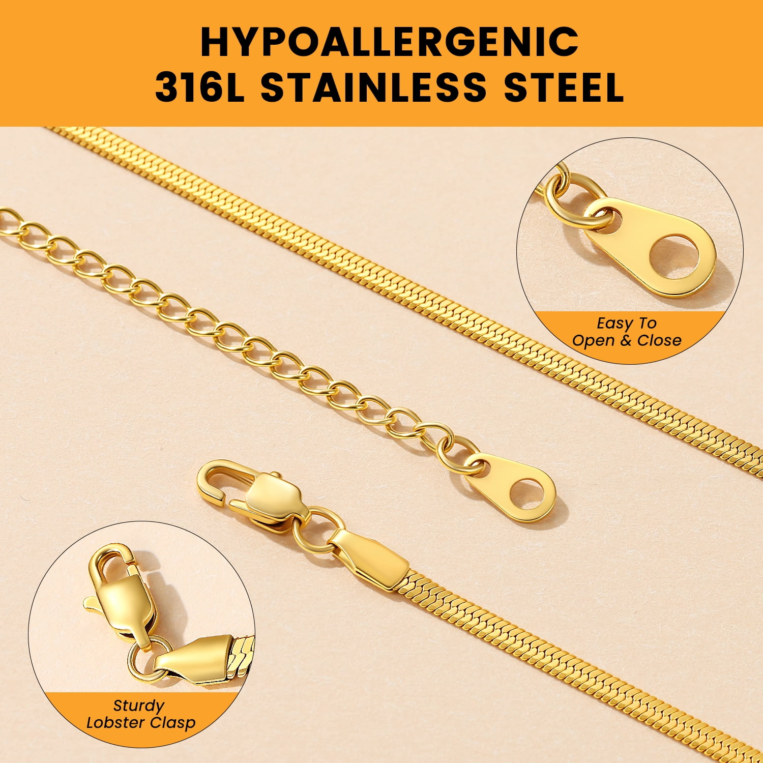 Bestyle 3mm Women Gold Plated Necklace Chain Flat Snake Herringbone Choker Mother's Mother's Day Gifts for Girlfriend Daughter Mom, 12.5"