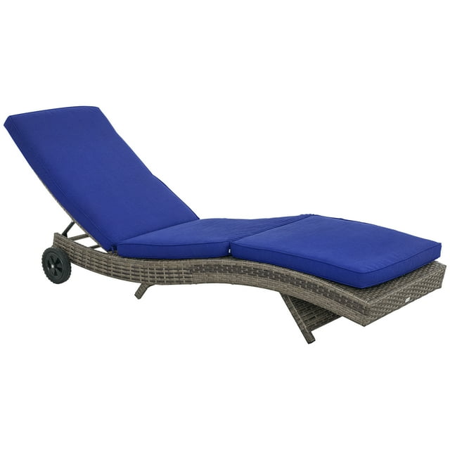 Outsunny Chaise Longue en Osier avec Coussin et Roues pour Patio, Terrasse, Bleu