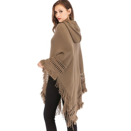 LELINTA Women Autumn Winter Batwing Khaki Poncho Knit Top Cardigan Sweater Coat Cape Outwear Loose Baggy Pullover Jumper with Hooded