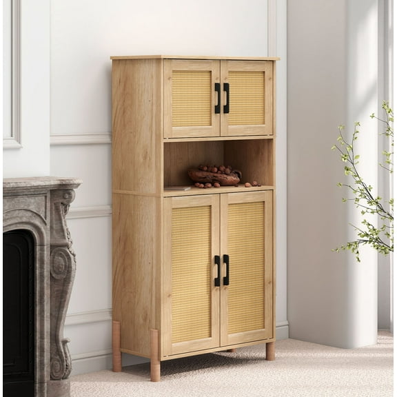 Mid-Century Modern 4-Door Natural Storage Cabinet with Woven Rattan Doors and Adjustable Shelves for Versatile Use