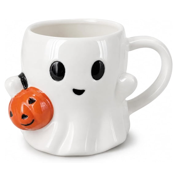 Halloween Ghost Coffee Mug, Cute White Ceramic Boo Tea Cup Mug White Ghost Shaped Tea Mug with Pumpkin and Handle, Spooky Season Fall Office Coffee Cup Home Decor Gifts
