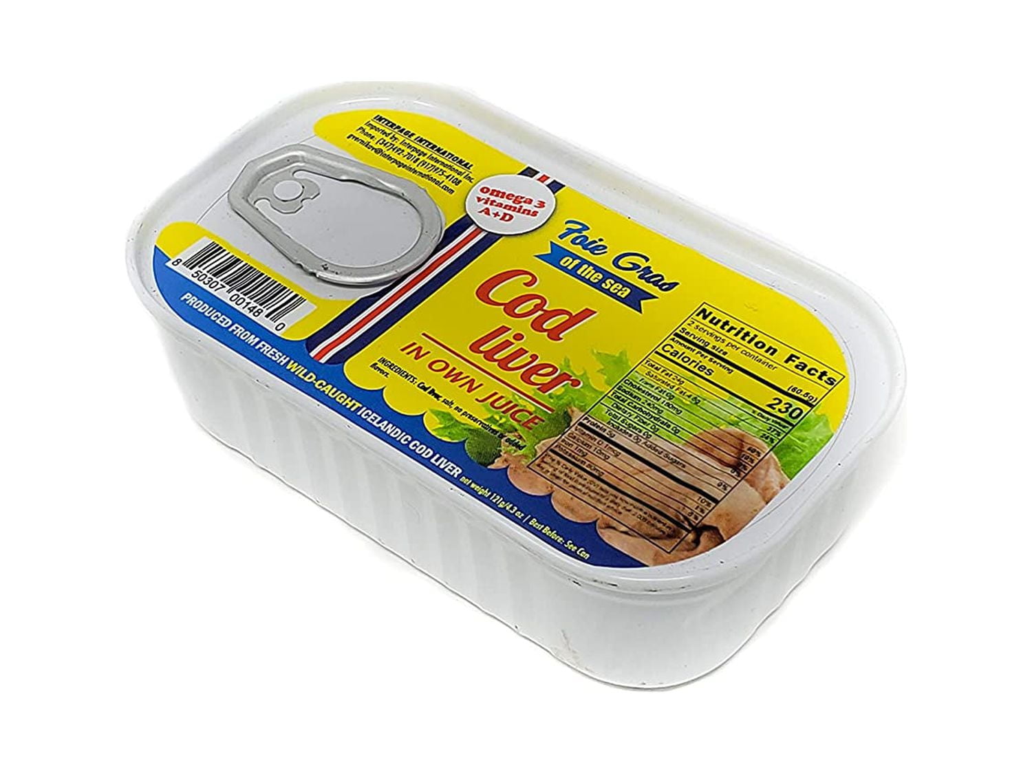 Interpage International Canned Cod Liver In Own Oil 4.3oz Natural Source of Omega-3 and Vitamins A&D, Produced from Fresh Wild Caught Cod (Pack of 6)