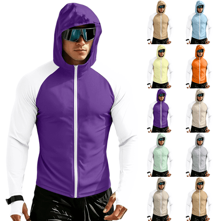 Men s UPF 50+ Sun Protection Color Block Full Zip Hoodie Jacket Long Sleeve Thumb Hole Fishing Hiking Performance Shirt Purple 4XL