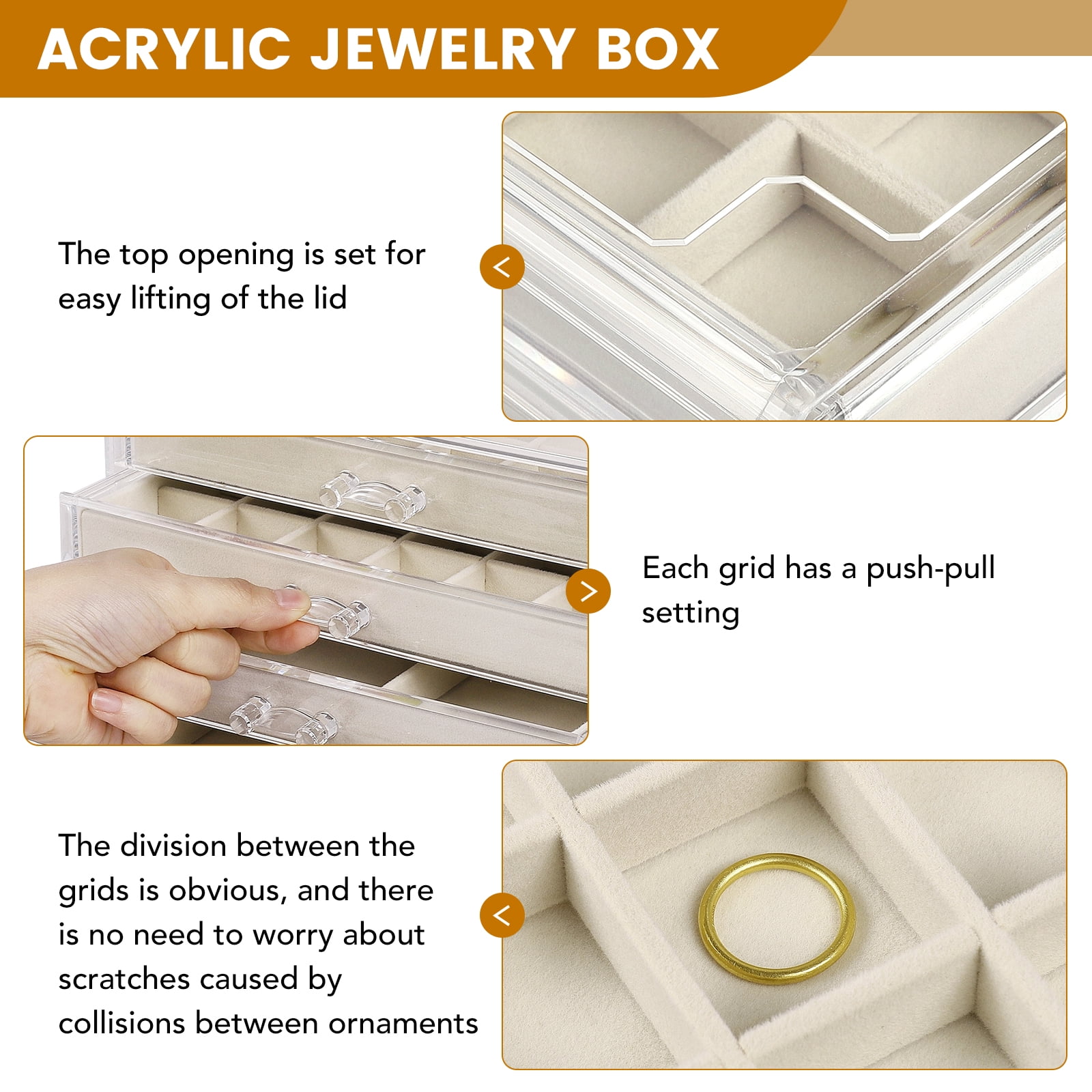 Acrylic Jewelry Box with 5 Drawers, Clear Rings Earring Organizer Display Case Necklaces Holder Tray for Women Girls (Beige)