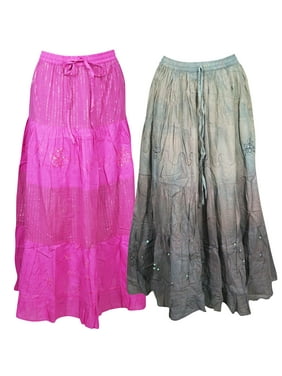 Mogul Gray Pink Cotton Embroidered Gypsy Long Skirts