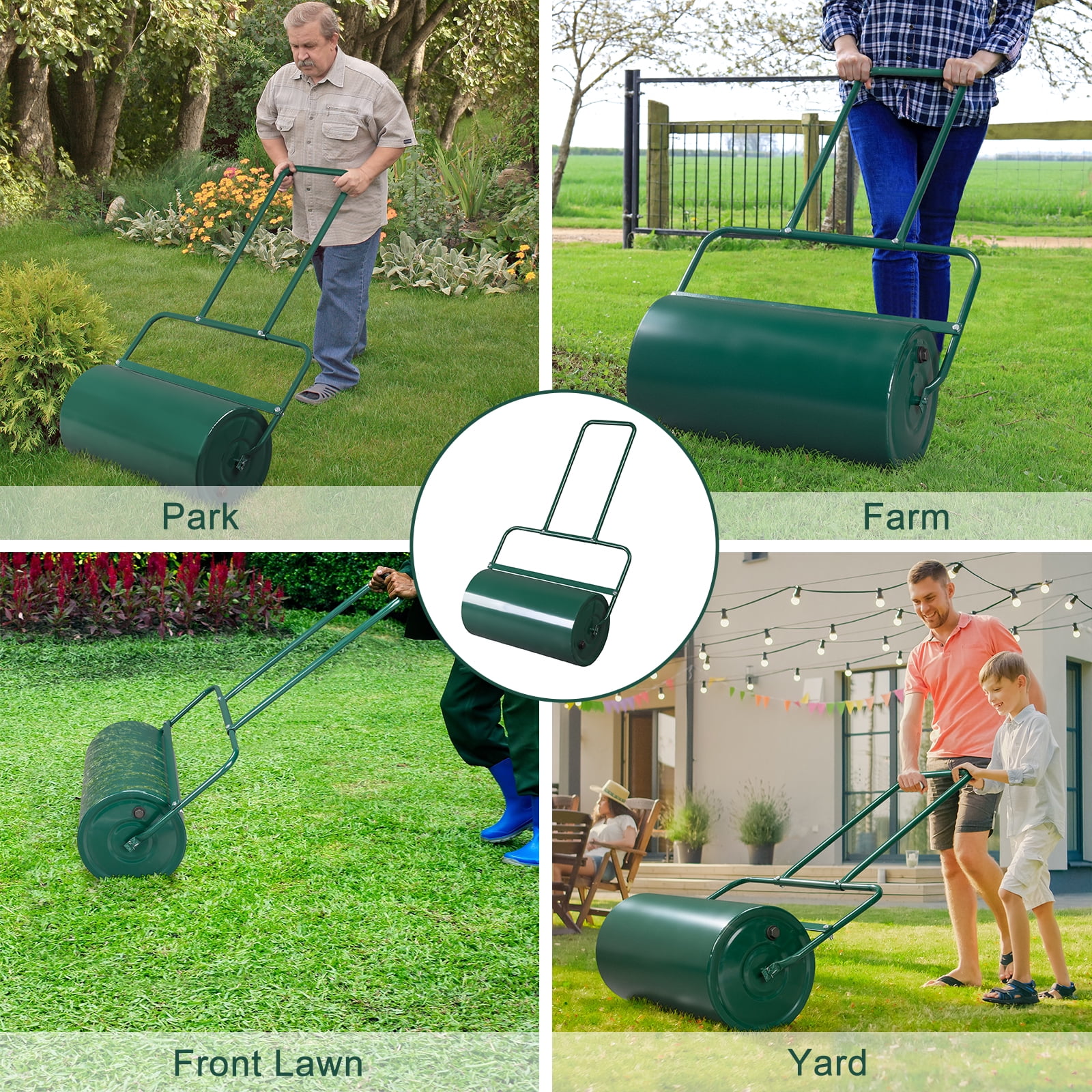 24in Push/Tow Lawn Roller , Steel Drum with Rounded Edges, U-Handle, Green Rust-Resistant Finish, For Flattening Ground & Packing Seed/Sod, Green