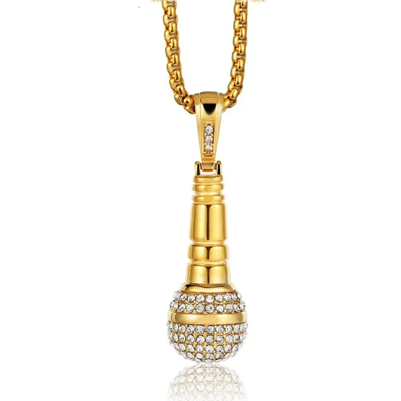 Hip Hop Iced Out Microphone Pendant Necklaces Male 14K Yellow Gold Chains For Men Hiphop Jewelry D183
