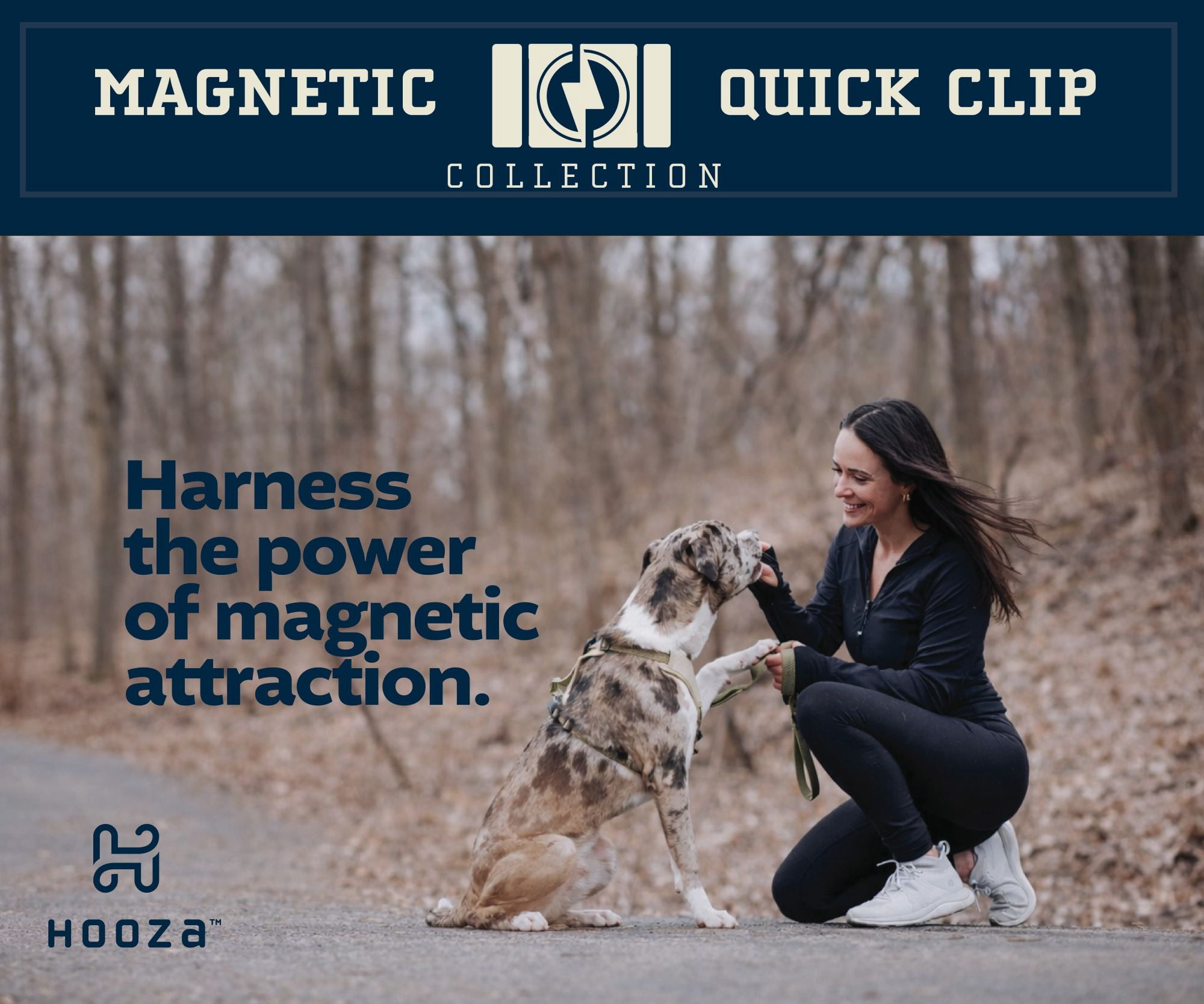 HOOZA Quick Clip Dog Harness & Rope Leash Set, Black Large – Magnetic Buckle, Reflective, Easy Fit