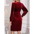 thumbnail image 4 of Women'S Velvet Long Sleeve Dress Square Neck Lantern Sleeve Mini Dress Hem Side Slit One-Piece Dress Wine Red S, 4 of 5