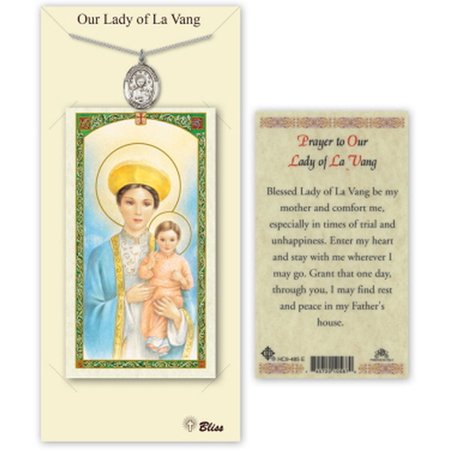Pewter Our Lady of la Vang Medal on a 18 inch Lite Curb Chain with a Prayer to Our Lady of la Vang Prayer Card.